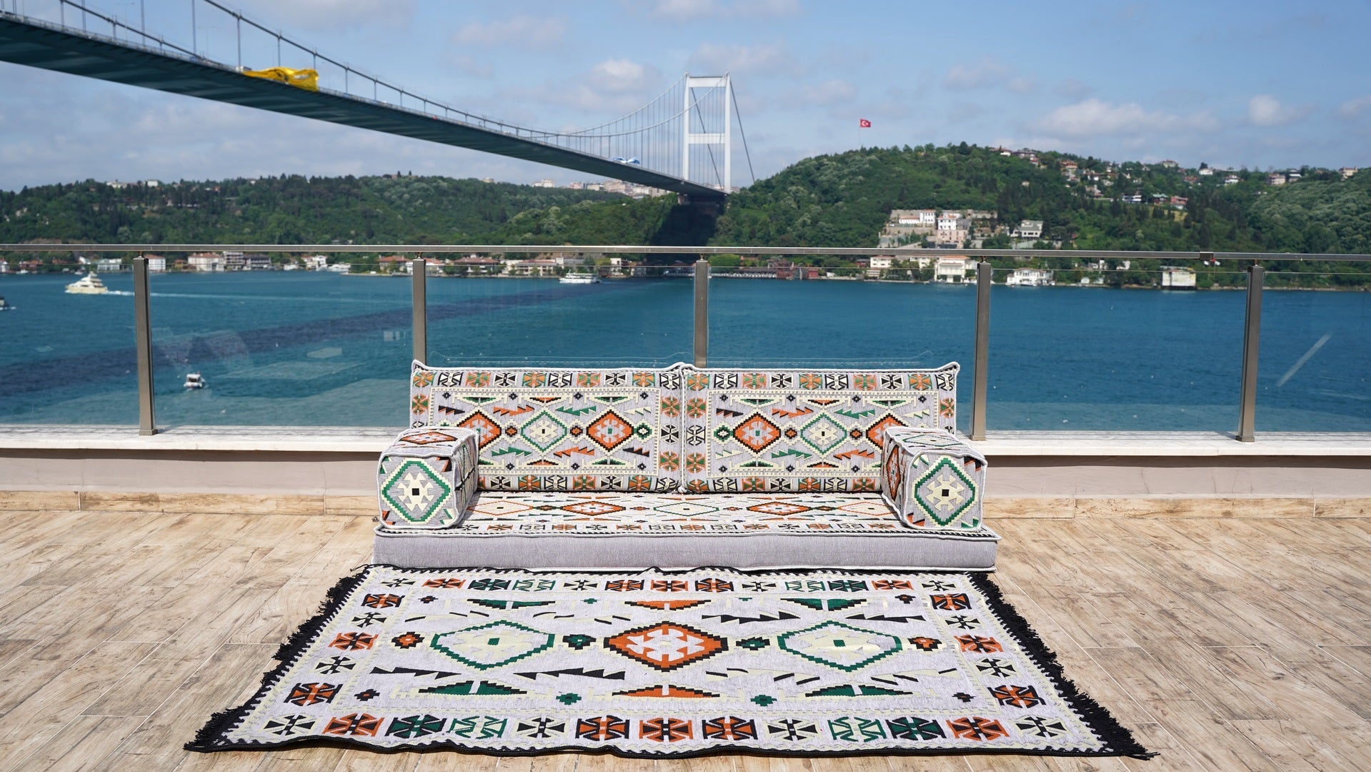 Gray Floor Sofa Seating, Arabic Majlis, Moroccan Livingroom Couch, Turkish Floor Sofa with Ottoman Couch and Rug, Ethnic Cushions, Terrace Garden Couches