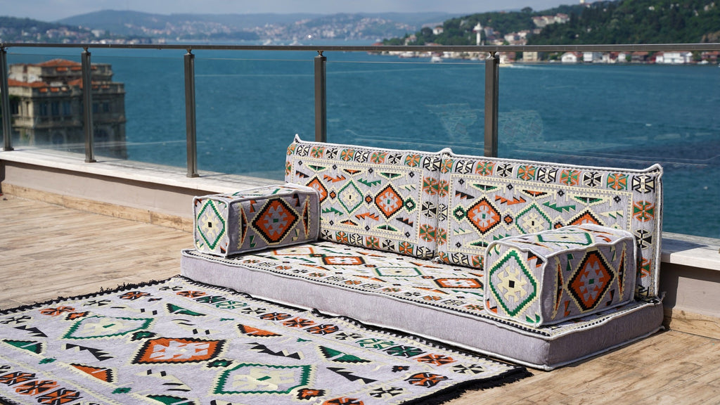 Gray Floor Sofa Seating, Arabic Majlis, Moroccan Livingroom Couch, Turkish Floor Sofa with Ottoman Couch and Rug, Ethnic Cushions, Terrace Garden Couches