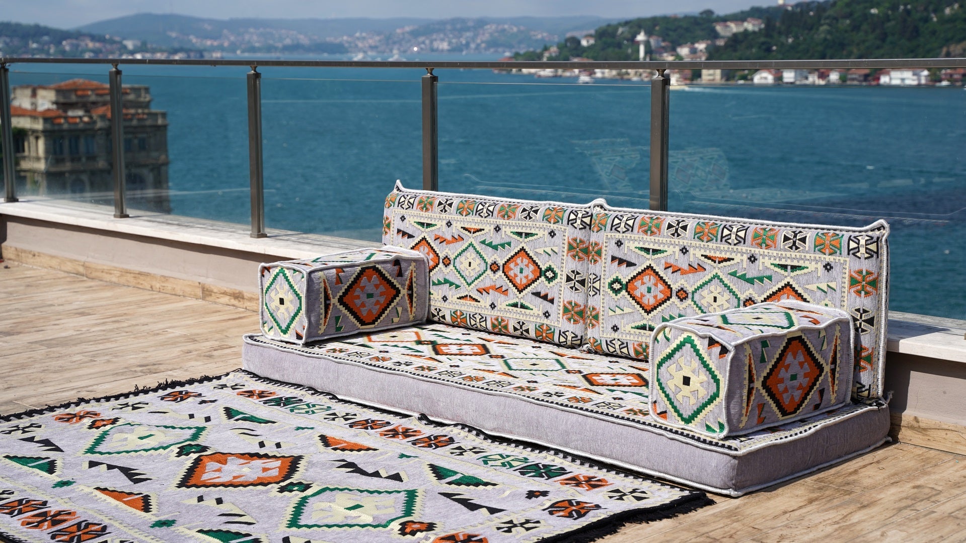 Gray Floor Sofa Seating, Arabic Majlis, Moroccan Livingroom Couch, Turkish Floor Sofa with Ottoman Couch and Rug, Ethnic Cushions, Terrace Garden Couches