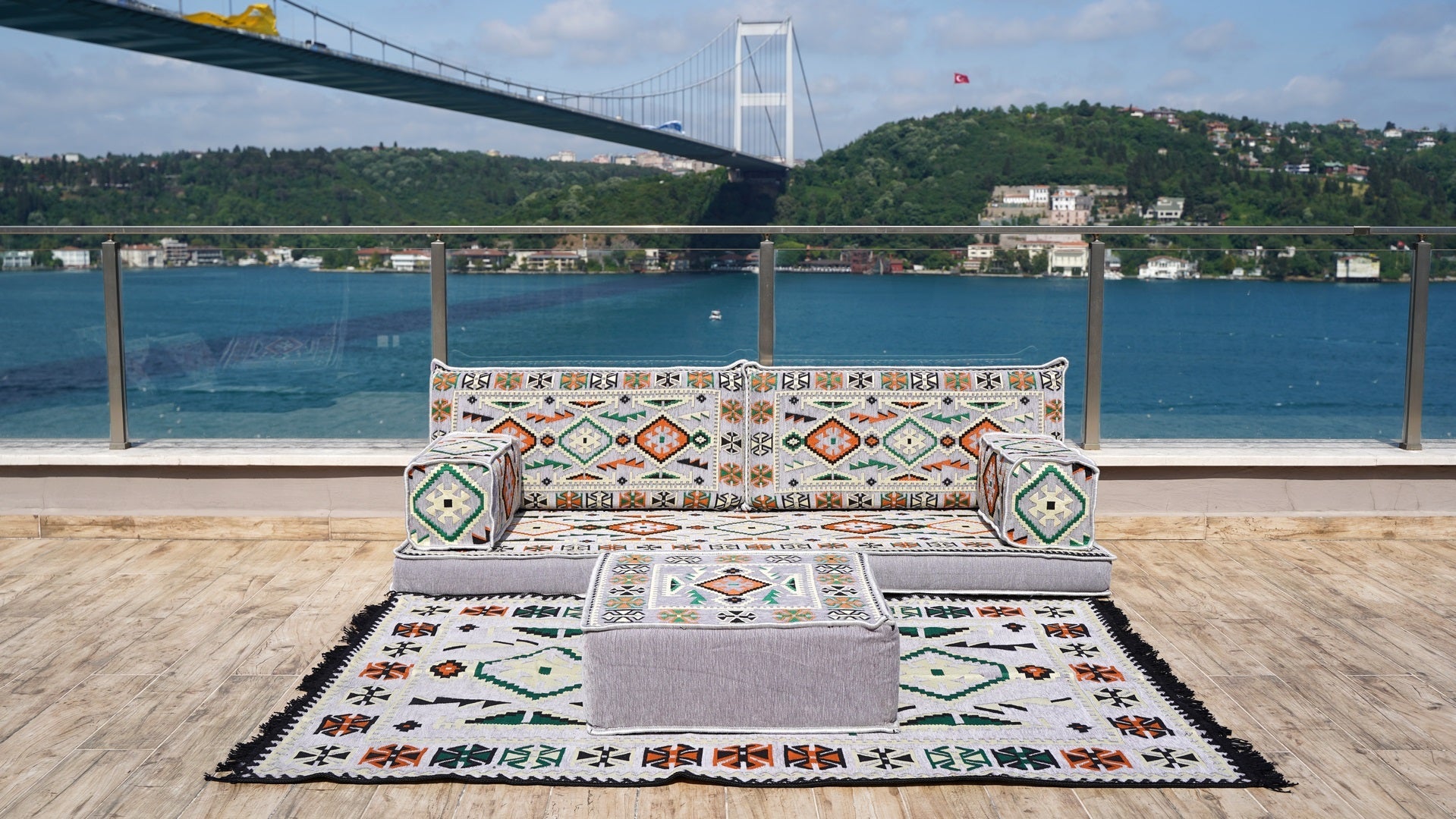 Gray Floor Sofa Seating, Arabic Majlis, Moroccan Livingroom Couch, Turkish Floor Sofa with Ottoman Couch and Rug, Ethnic Cushions, Terrace Garden Couches