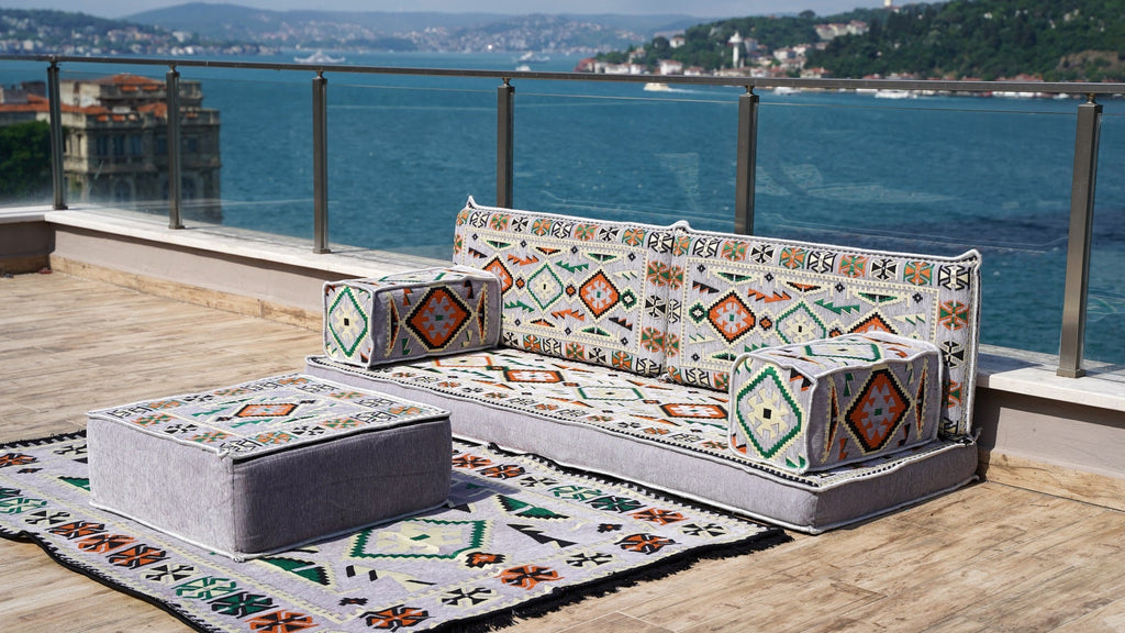 Gray Floor Sofa Seating, Arabic Majlis, Moroccan Livingroom Couch, Turkish Floor Sofa with Ottoman Couch and Rug, Ethnic Cushions, Terrace Garden Couches