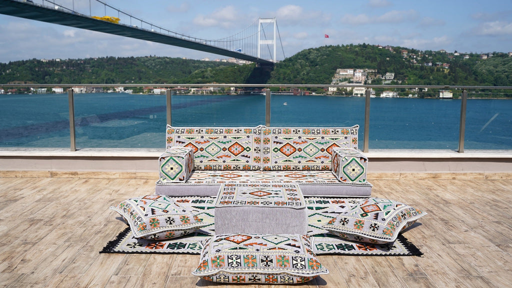 Gray Floor Sofa Seating, Arabic Majlis, Moroccan Livingroom Couch, Turkish Floor Sofa with Ottoman Couch and Rug, Ethnic Cushions, Terrace Garden Couches