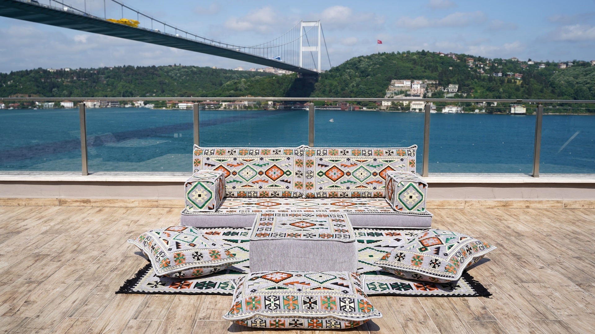 Gray Floor Sofa Seating, Arabic Majlis, Moroccan Livingroom Couch, Turkish Floor Sofa with Ottoman Couch and Rug, Ethnic Cushions, Terrace Garden Couches