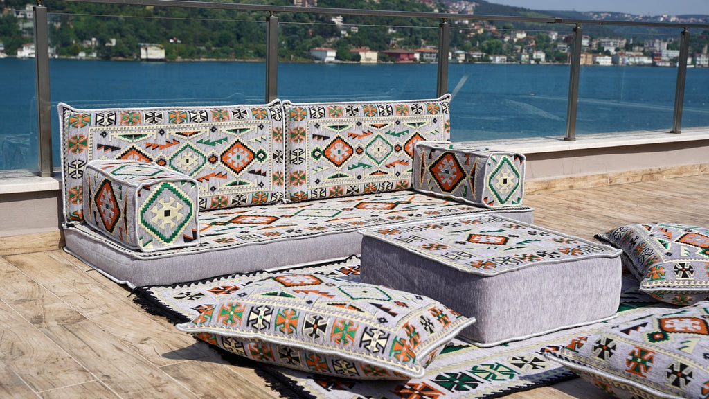 Gray Floor Sofa Seating, Arabic Majlis, Moroccan Livingroom Couch, Turkish Floor Sofa with Ottoman Couch and Rug, Ethnic Cushions, Terrace Garden Couches
