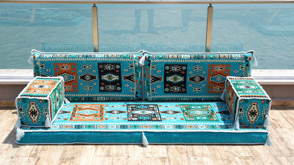 Premium Patio Furniture, Living Room Floor Cushion, Arabic Floor Couch, Outdoor Sofa with Ottoman Couch and Rug, Moroccan Living Room Couch
