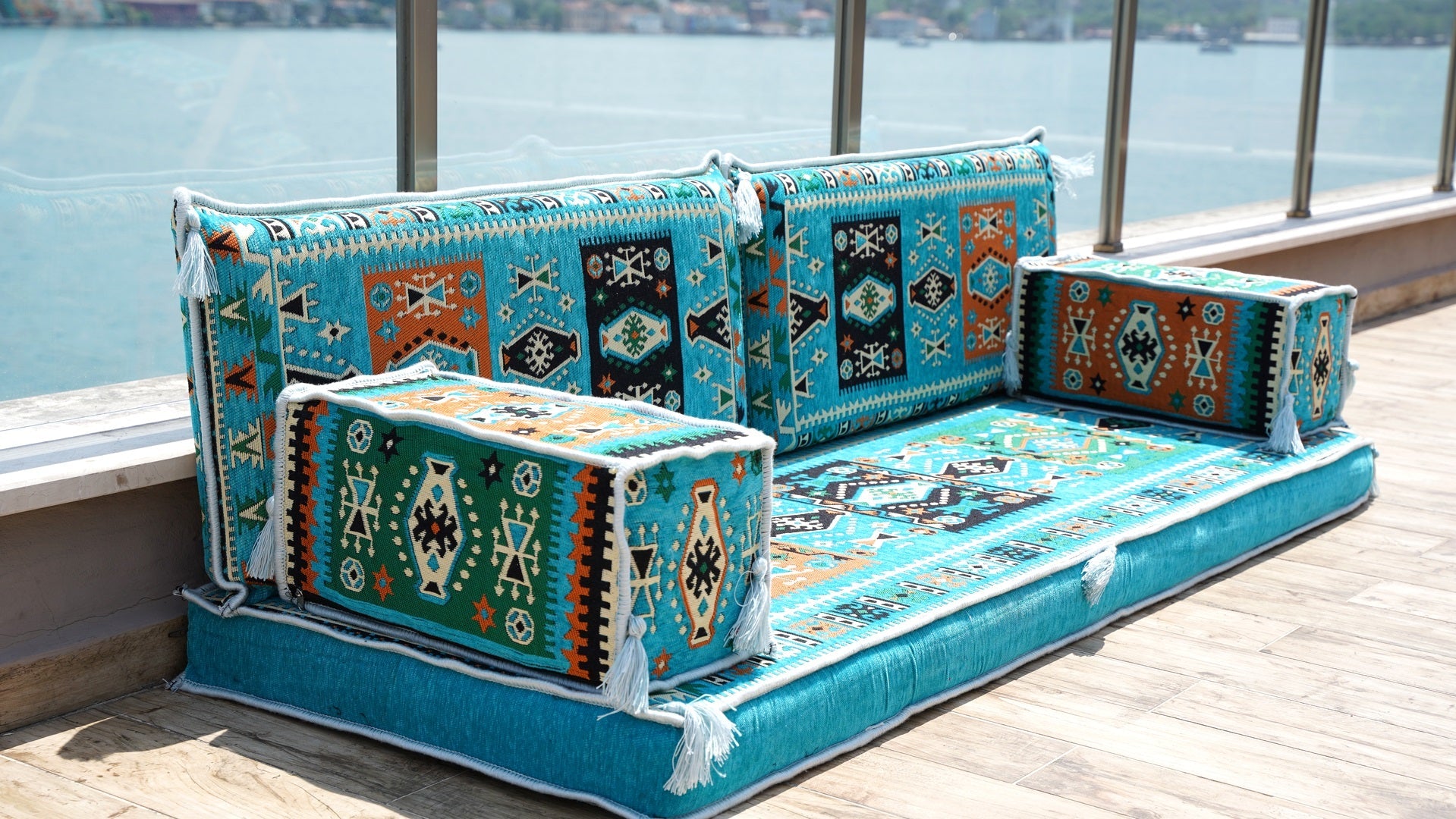 Premium Patio Furniture, Living Room Floor Cushion, Arabic Floor Couch, Outdoor Sofa with Ottoman Couch and Rug, Moroccan Living Room Couch
