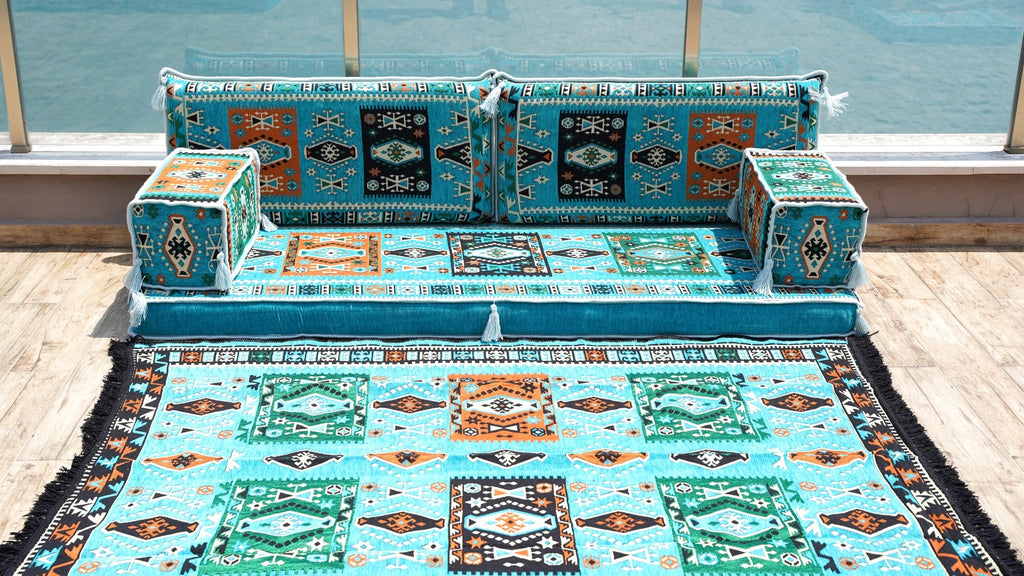 Premium Patio Furniture, Living Room Floor Cushion, Arabic Floor Couch, Outdoor Sofa with Ottoman Couch and Rug, Moroccan Living Room Couch