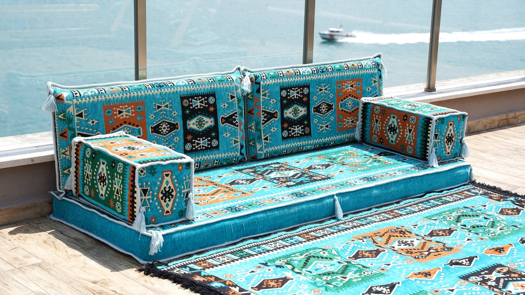 Premium Patio Furniture, Living Room Floor Cushion, Arabic Floor Couch, Outdoor Sofa with Ottoman Couch and Rug, Moroccan Living Room Couch