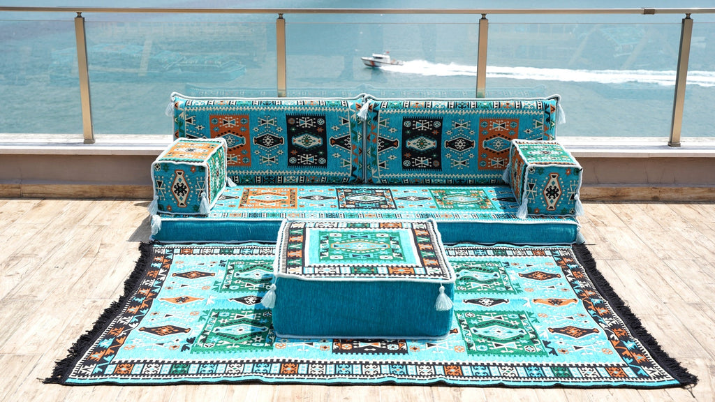 Premium Patio Furniture, Living Room Floor Cushion, Arabic Floor Couch, Outdoor Sofa with Ottoman Couch and Rug, Moroccan Living Room Couch