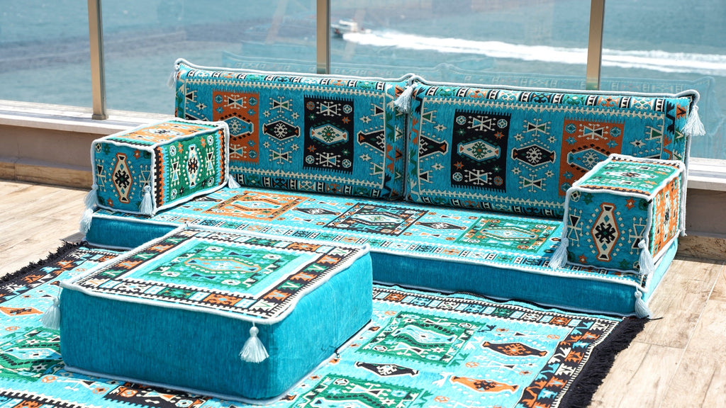 Premium Patio Furniture, Living Room Floor Cushion, Arabic Floor Couch, Outdoor Sofa with Ottoman Couch and Rug, Moroccan Living Room Couch