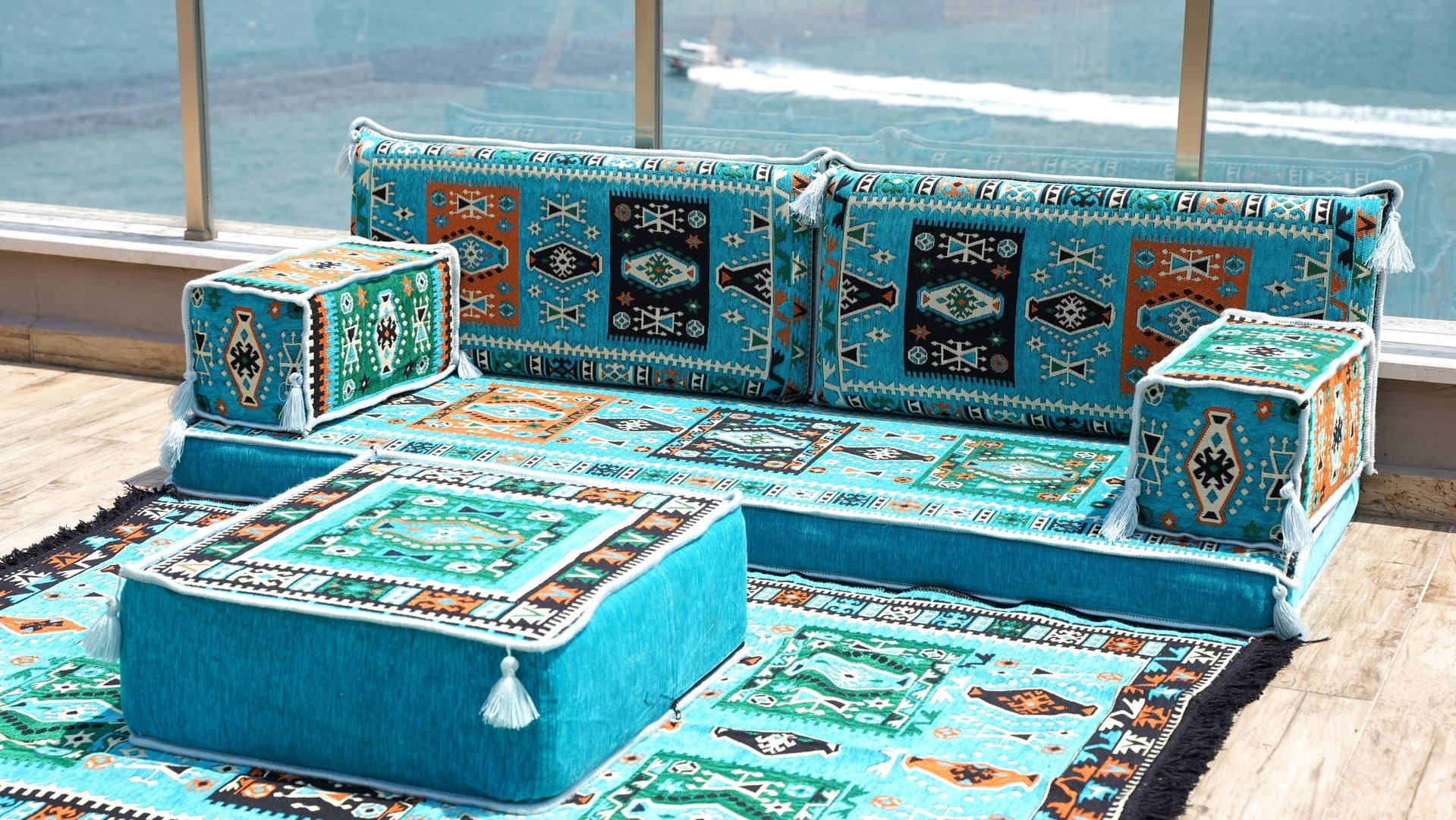 Premium Patio Furniture, Living Room Floor Cushion, Arabic Floor Couch, Outdoor Sofa with Ottoman Couch and Rug, Moroccan Living Room Couch