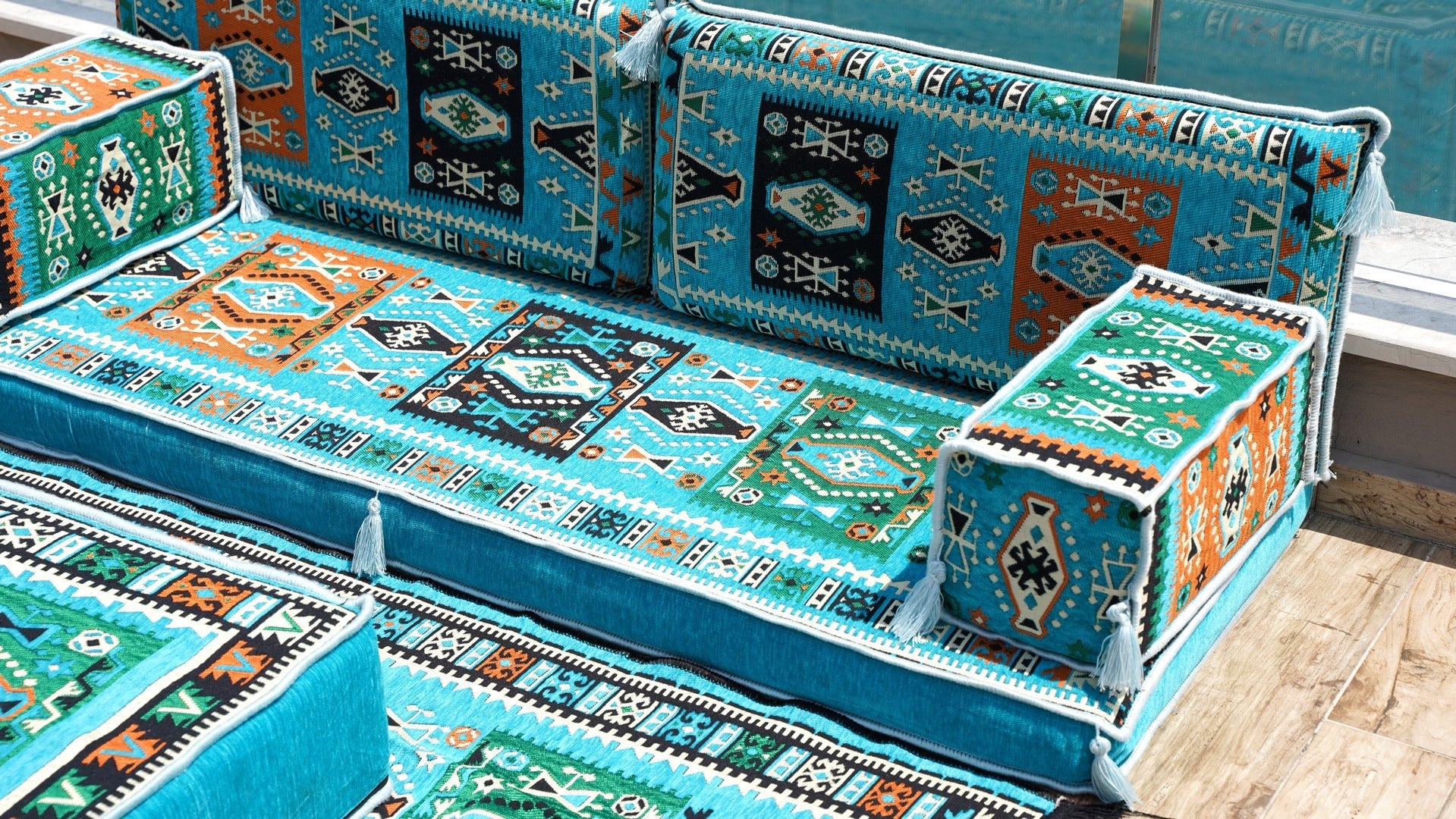 Premium Patio Furniture, Living Room Floor Cushion, Arabic Floor Couch, Outdoor Sofa with Ottoman Couch and Rug, Moroccan Living Room Couch